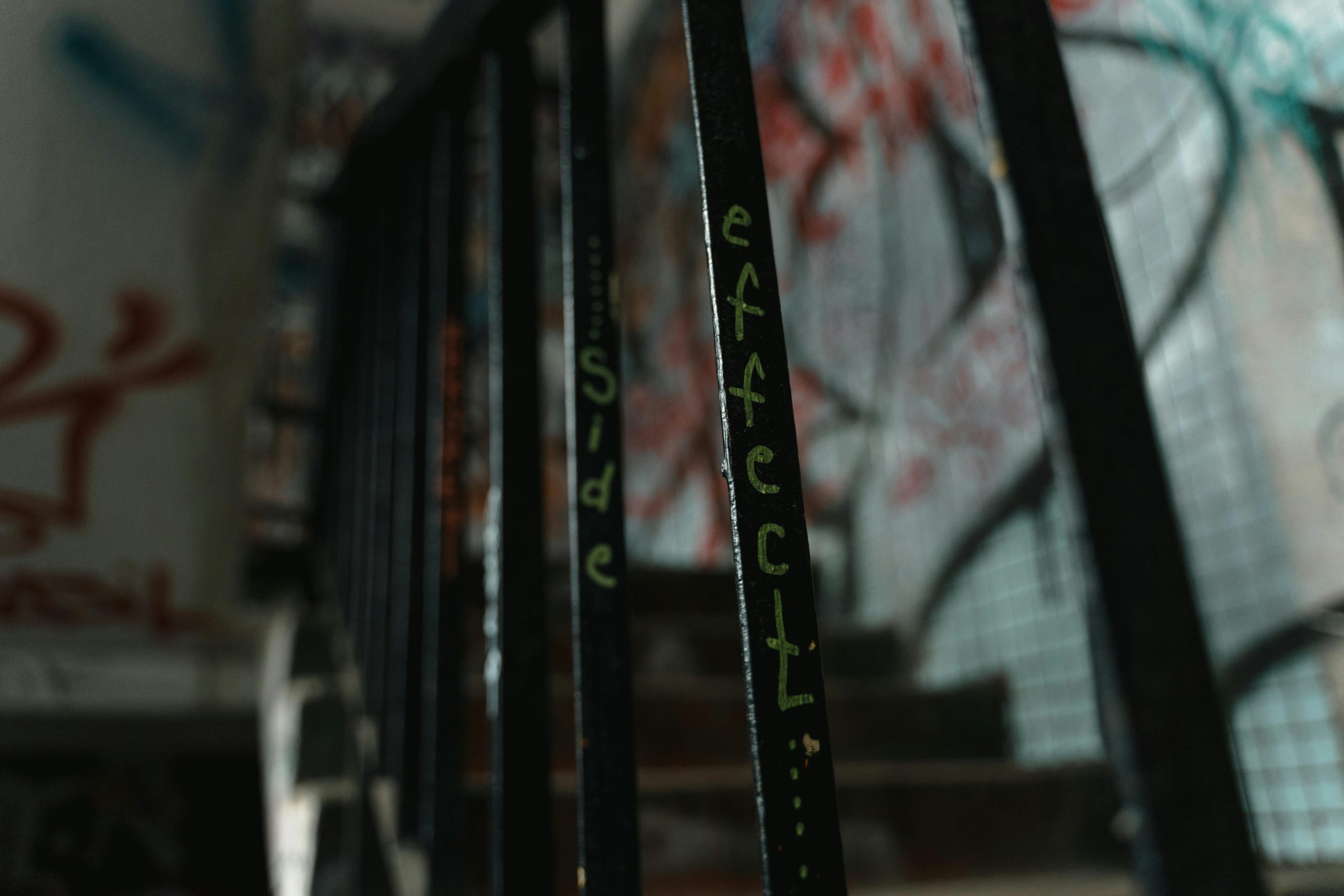 "Side effects" spelled out on a stair railing