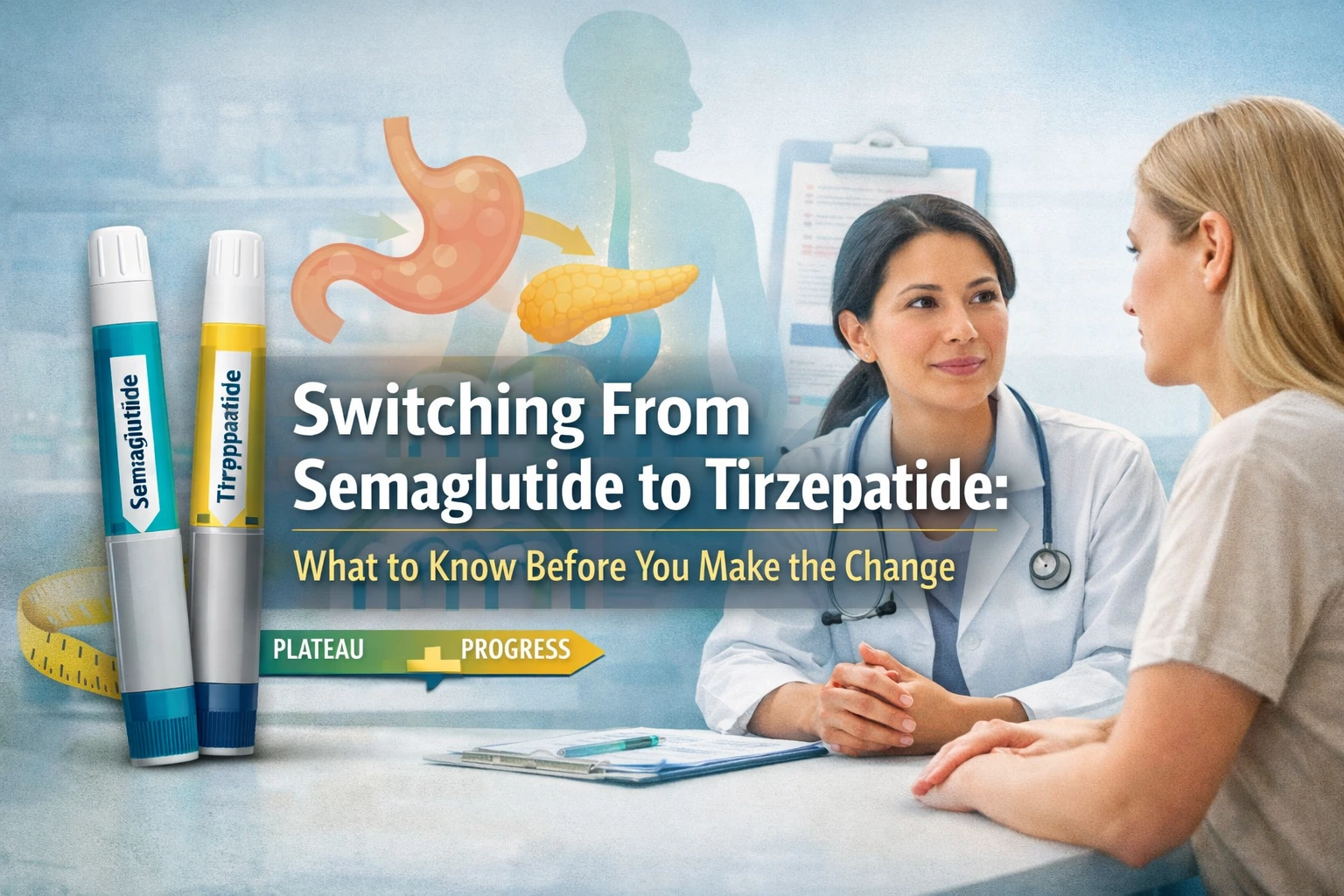 Horizontal banner showing a doctor consulting with a patient, alongside semaglutide and tirzepatide injection pens, with overlaid text reading “Switching From Semaglutide to Tirzepatide: What to Know Before You Make the Change.”