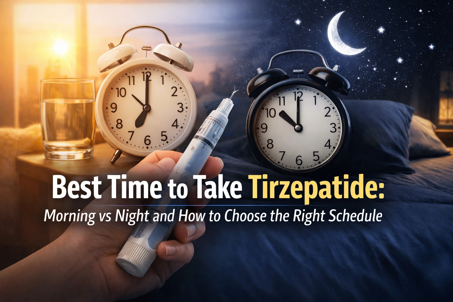 “Split image showing a morning and nighttime scene with alarm clocks and a tirzepatide injection pen, illustrating the best time to take tirzepatide, morning vs night.”