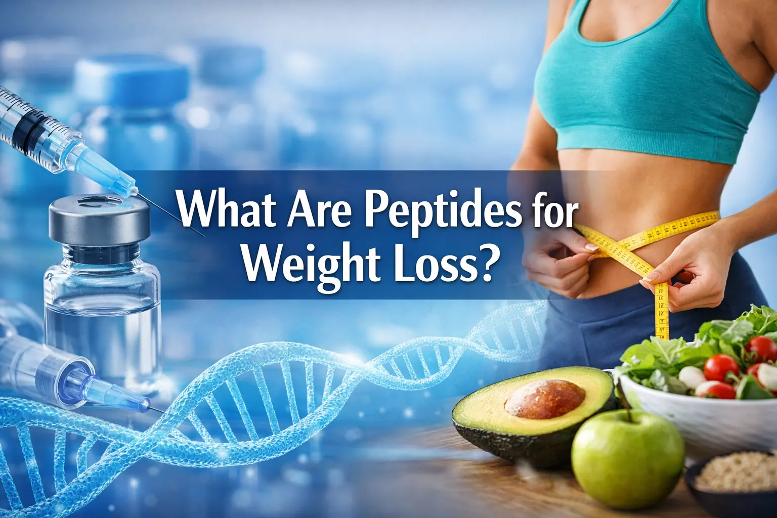 Medical professional explaining peptides for weight loss with molecular peptide structure graphics and weight management imagery.