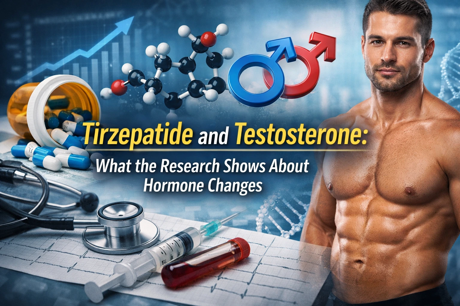 Horizontal banner showing a muscular man beside medical imagery and charts with overlay text reading “Tirzepatide and Testosterone: What the Research Shows About Hormone Changes.”