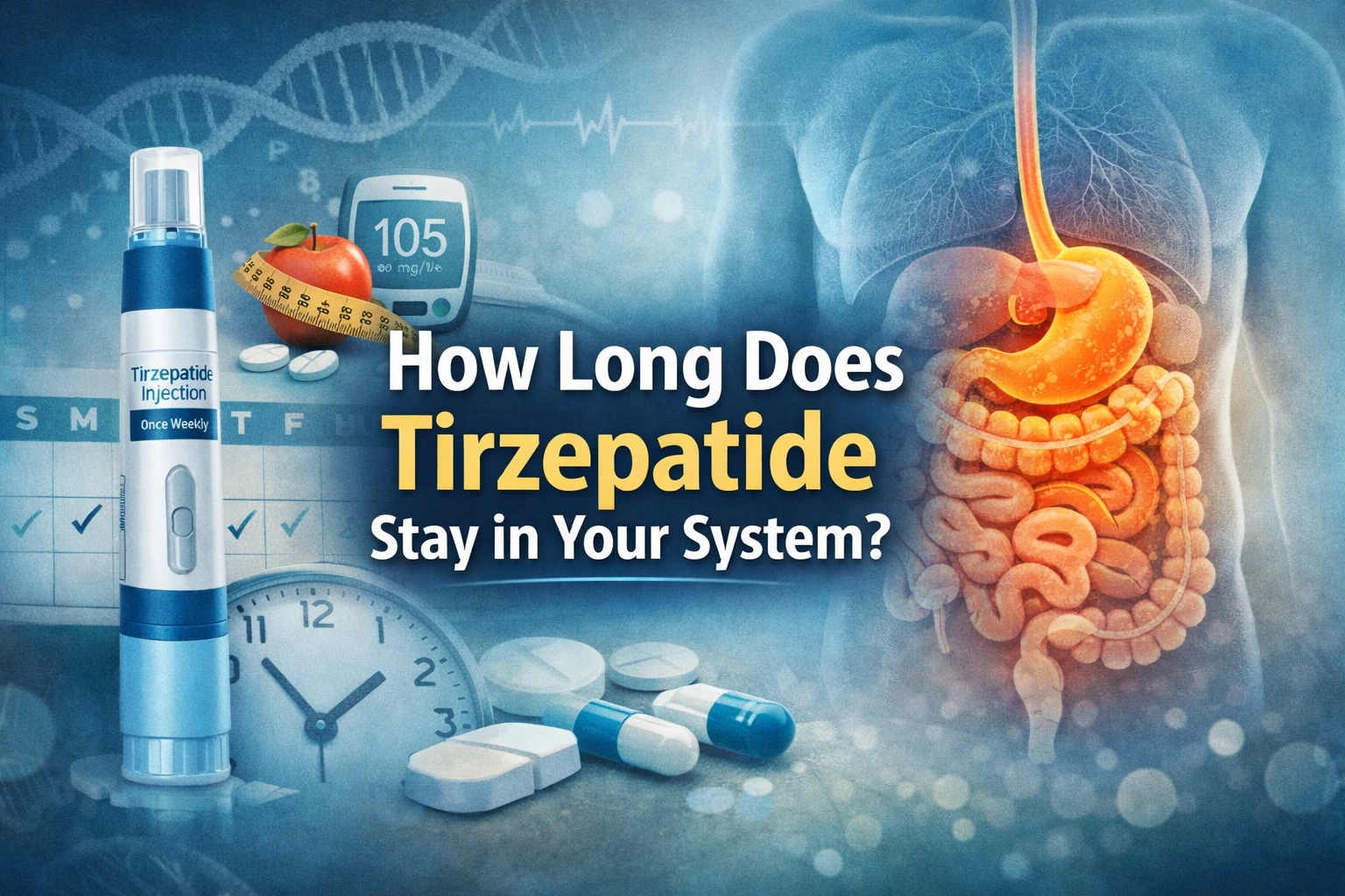 Horizontal featured image showing a medical syringe and medication vial with a timeline graphic, representing how long tirzepatide stays in the body, with overlaid text reading "How Long Does Tirzepatide Stay in Your System?"