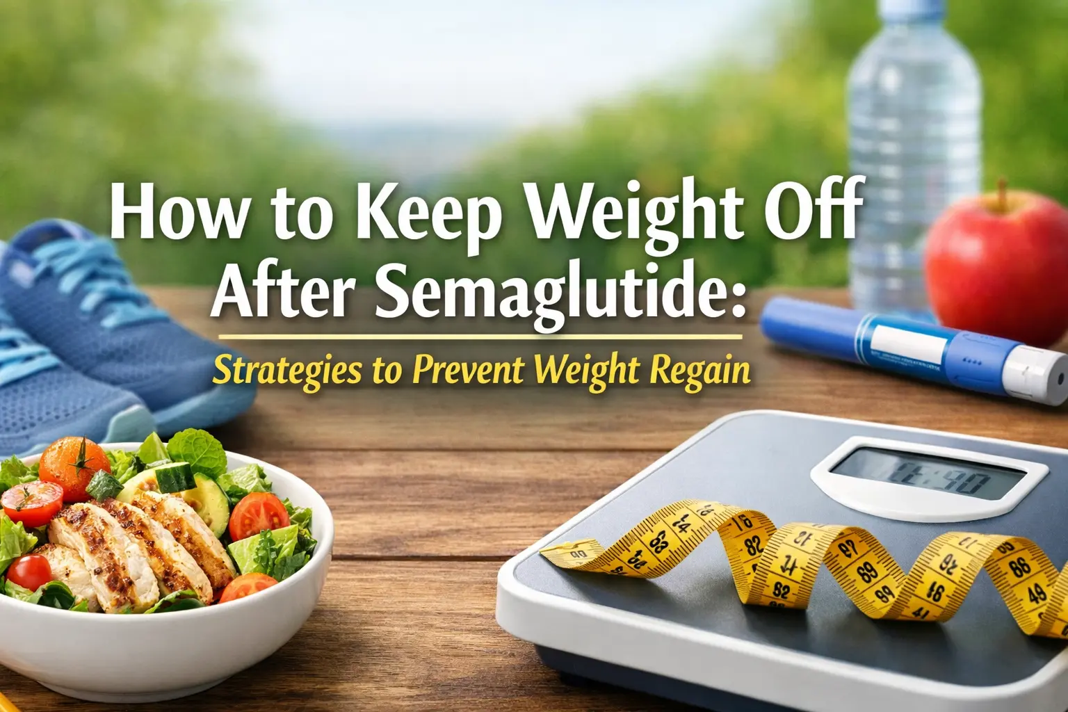 Person measuring waist with tape measure beside healthy foods and dumbbells, representing strategies to keep weight off after semaglutide and prevent weight regain.