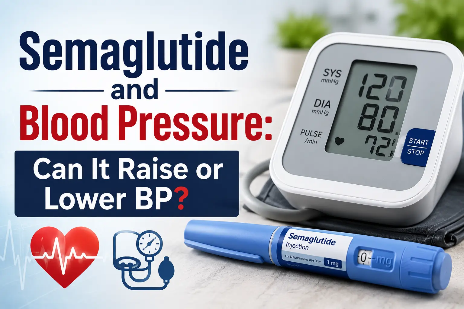 Horizontal featured image showing a semaglutide injection pen beside a digital blood pressure monitor with overlaid text reading “Semaglutide and Blood Pressure: Can It Raise or Lower BP?” in bold lettering.