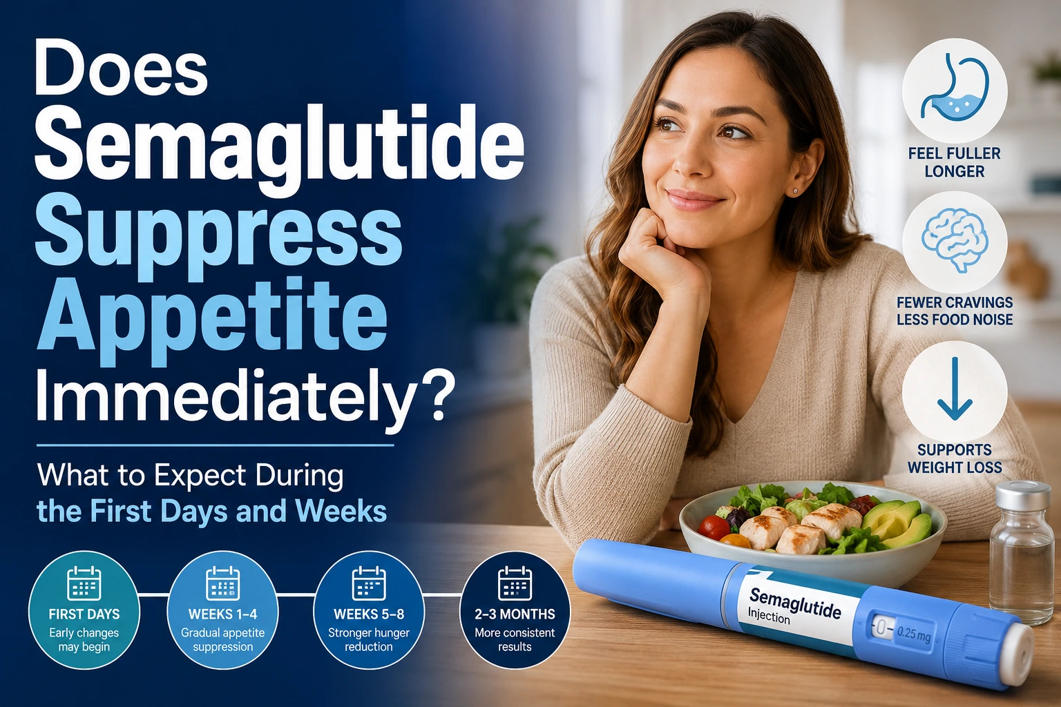 Woman sitting beside a healthy meal and semaglutide injection pen with text overlay reading “Does Semaglutide Suppress Appetite Immediately? What to Expect During the First Days and Weeks” alongside graphics about fullness cravings and weight loss support.