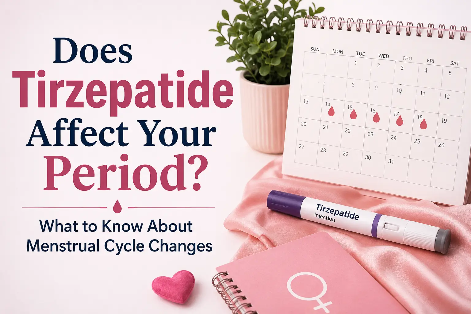 Image of a calendar marked with menstrual cycle dates sits beside a tirzepatide injection pen on a pink satin surface. A notebook with a female symbol, a small heart, and a potted plant are displayed in the background. Overlaid text reads, "Does Tirzepatide Affect Your Period? What to Know About Menstrual Cycle Changes."