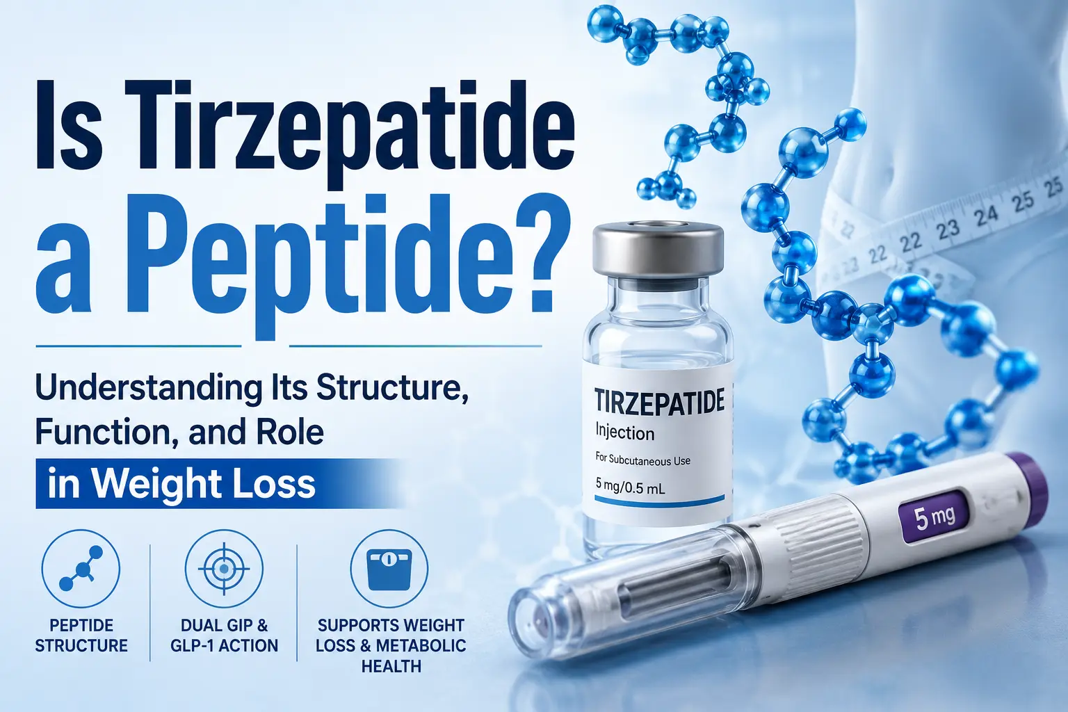 Featured image showing a tirzepatide injection pen and medication vial beside a blue molecular peptide structure. A measuring tape wrapped around a person's waist appears in the background, representing weight loss and metabolic health. Overlaid text reads: "Is Tirzepatide a Peptide? Understanding Its Structure, Function, and Role in Weight Loss".
