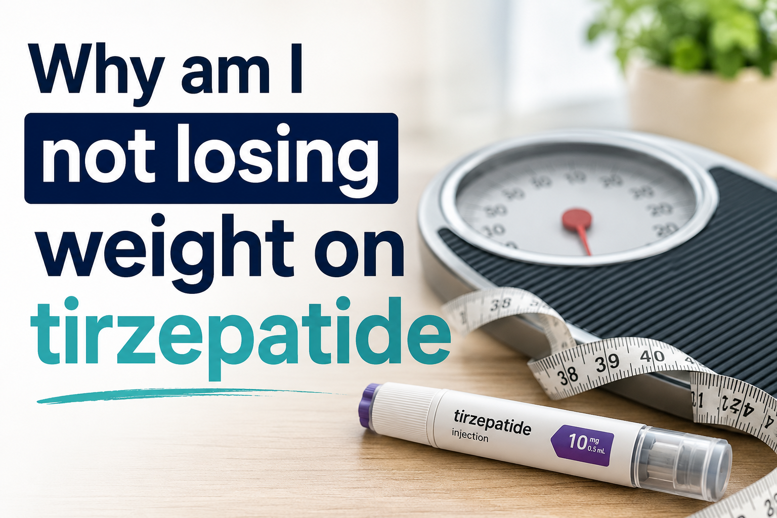 Bathroom scale, measuring tape, and tirzepatide injection pen beside the headline "Why am I not losing weight on tirzepatide,"