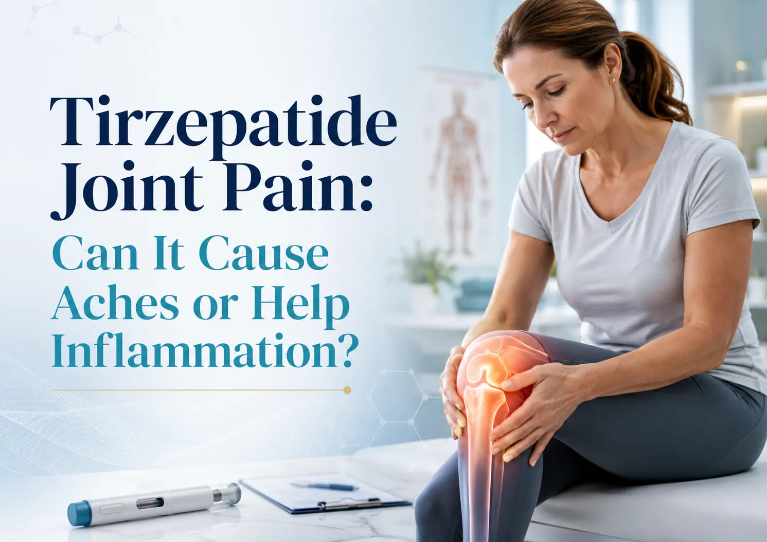 Featured image showing a woman seated in a clinic holding her highlighted, inflamed knee beside an injection pen, with the text “Tirzepatide Joint Pain: Can It Cause Aches or Help Inflammation?”