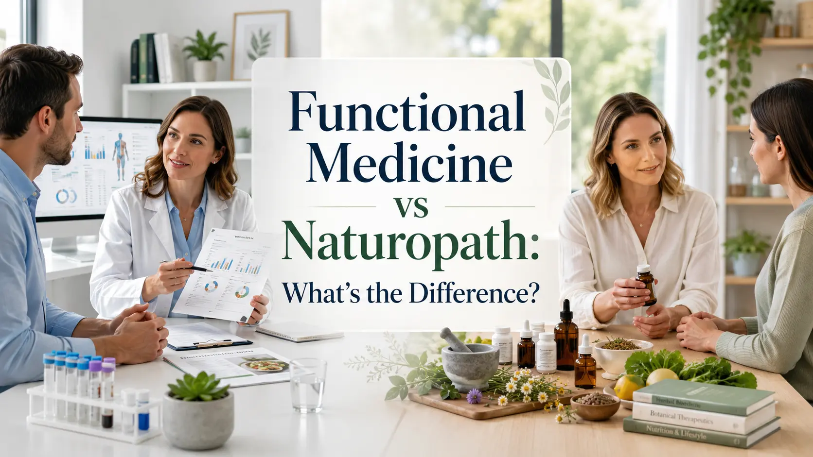 Doctor reviewing lab results with a patient beside a naturopath discussing herbs and supplements, with the title “Functional Medicine vs Naturopath: What’s the Difference?”