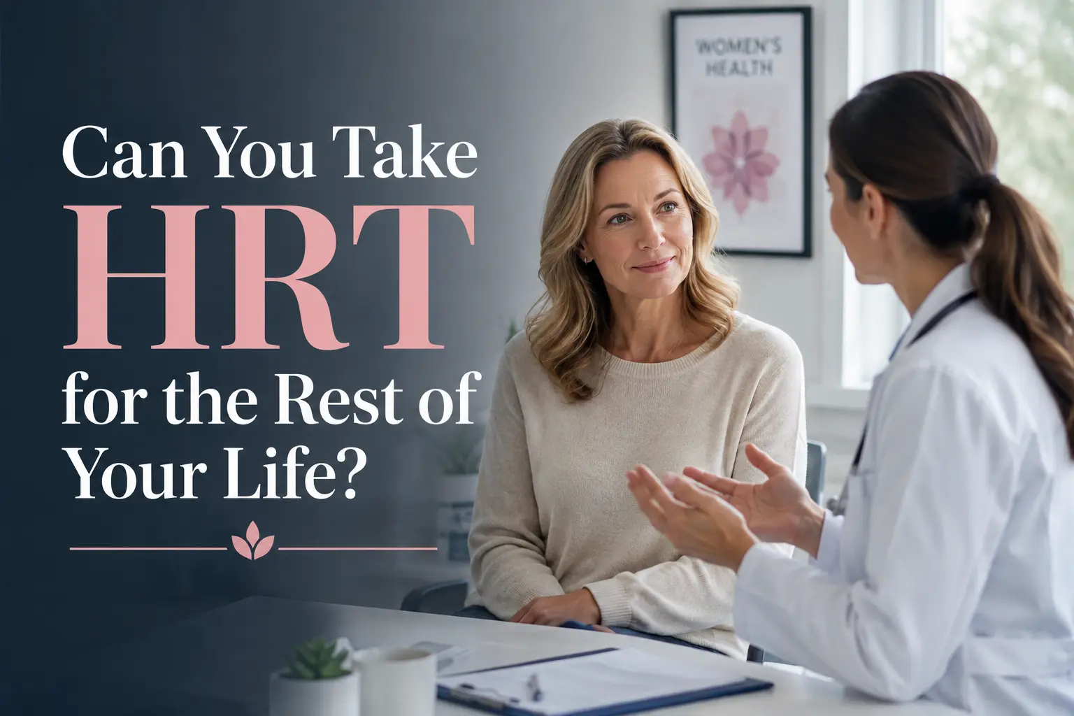 Middle-aged woman discussing long-term HRT with a female doctor in a bright medical office, alongside the text “Can You Take HRT for the Rest of Your Life?”