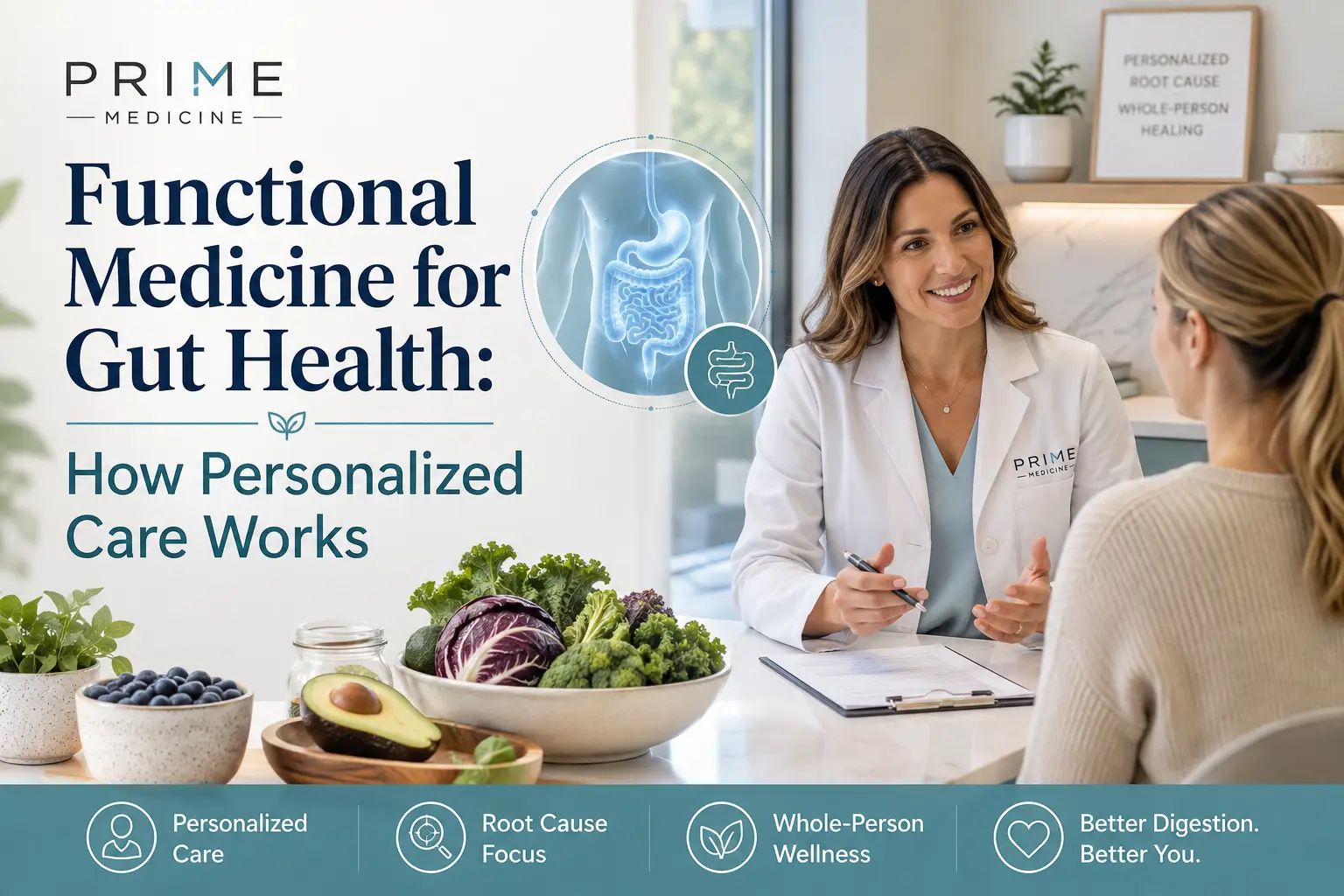 Image showing a clinician consulting with a patient beside a digestive system illustration, fresh vegetables, and the text “Functional Medicine for Gut Health: How Personalized Care Works.”