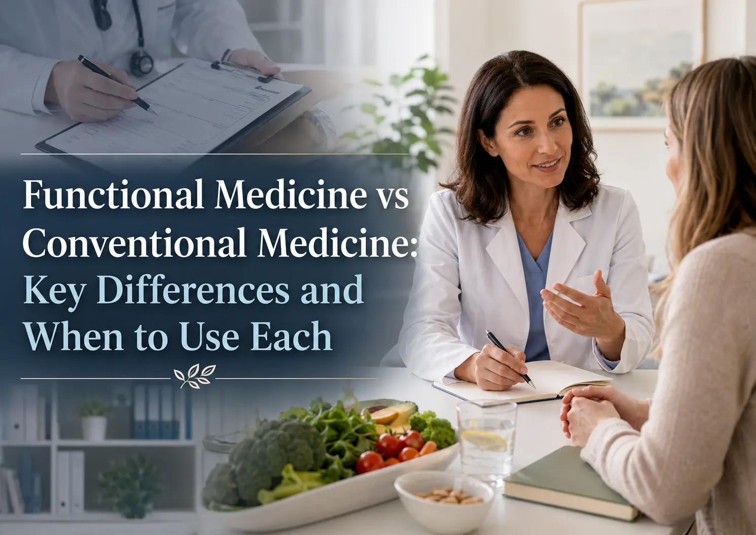 Female doctor discusses functional and conventional medicine with a patient beside medical charts and healthy foods, with the article title overlaid.
