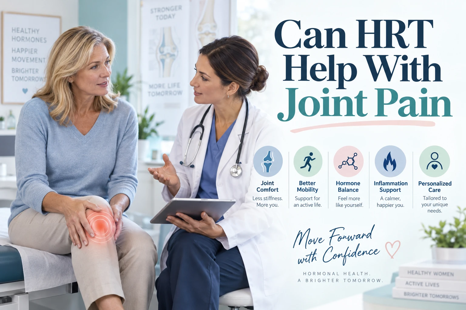Middle-aged woman discussing knee joint pain with a doctor, alongside icons for joint comfort, mobility, hormone balance, inflammation support, and personalized care, with text reading “Can HRT Help With Joint Pain?”