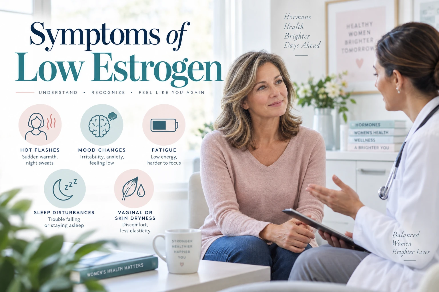 Woman discussing hormone health with a doctor beside icons for hot flashes, mood changes, fatigue, sleep disturbances, and dryness, with text reading “Symptoms of Low Estrogen.”
