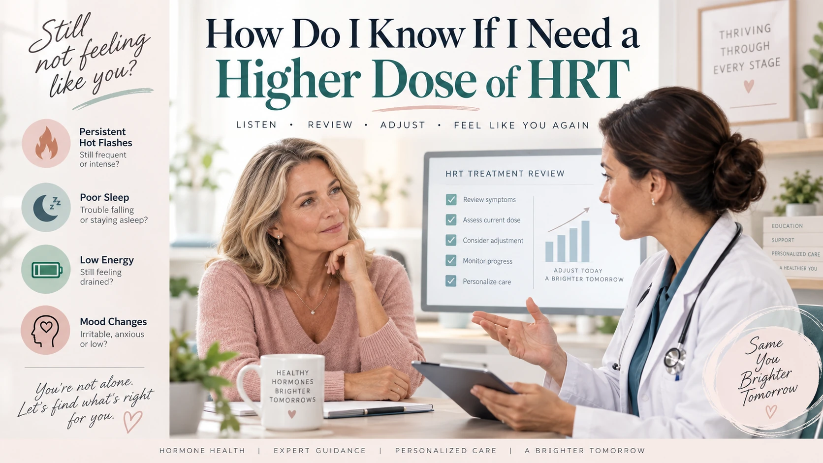 Middle-aged woman reviewing hormone therapy with a doctor, alongside signs such as persistent hot flashes, poor sleep, low energy, and mood changes, with text reading “How Do I Know If I Need a Higher Dose of HRT?”