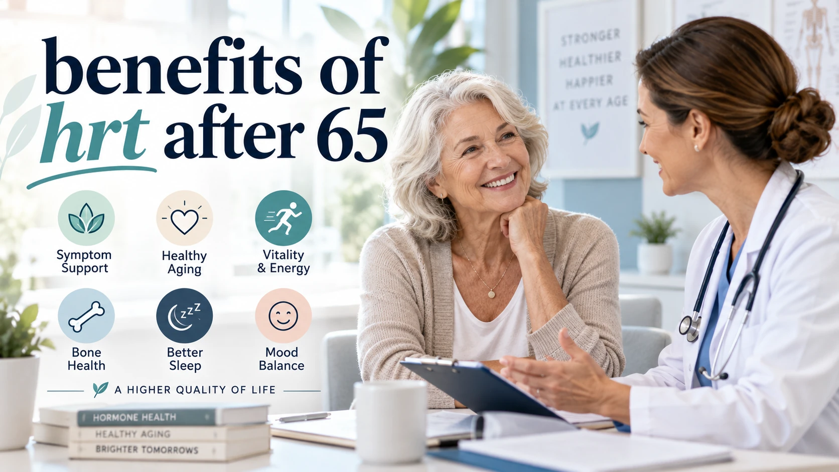 Older woman discussing hormone therapy with a doctor, alongside icons for symptom support, healthy aging, energy, bone health, sleep, and mood balance, with text reading “Benefits of HRT After 65.”