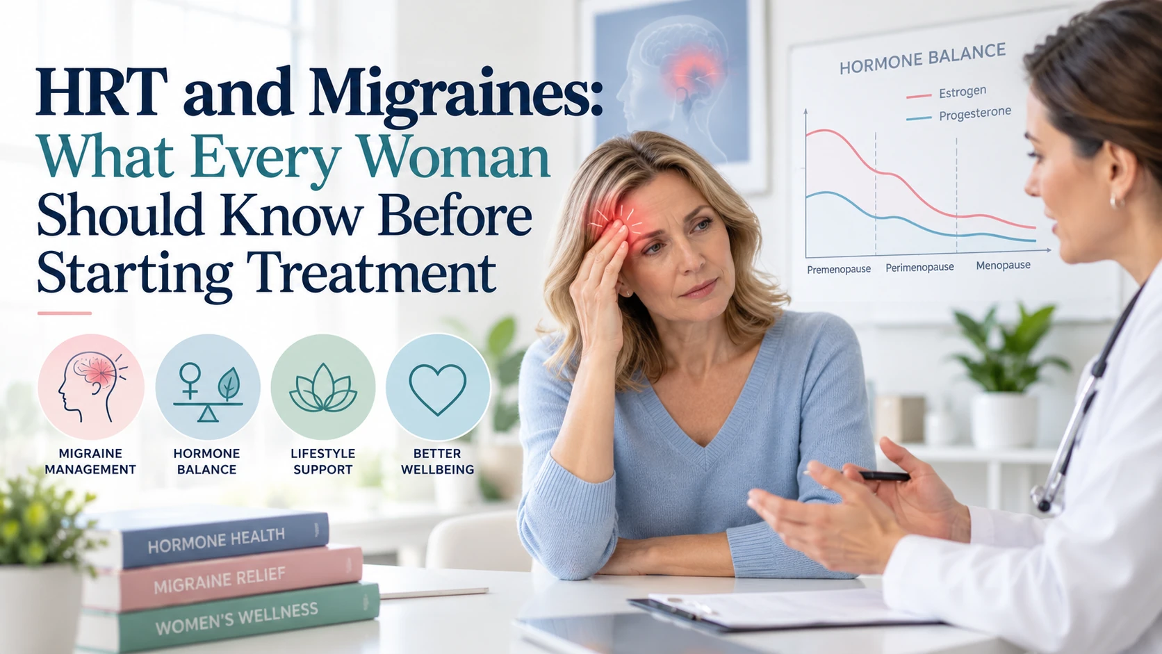 Middle-aged woman discussing migraines and hormone therapy with a doctor, alongside hormone balance charts and migraine, lifestyle, and wellness graphics, with text reading “HRT and Migraines: What Every Woman Should Know Before Starting Treatment.”