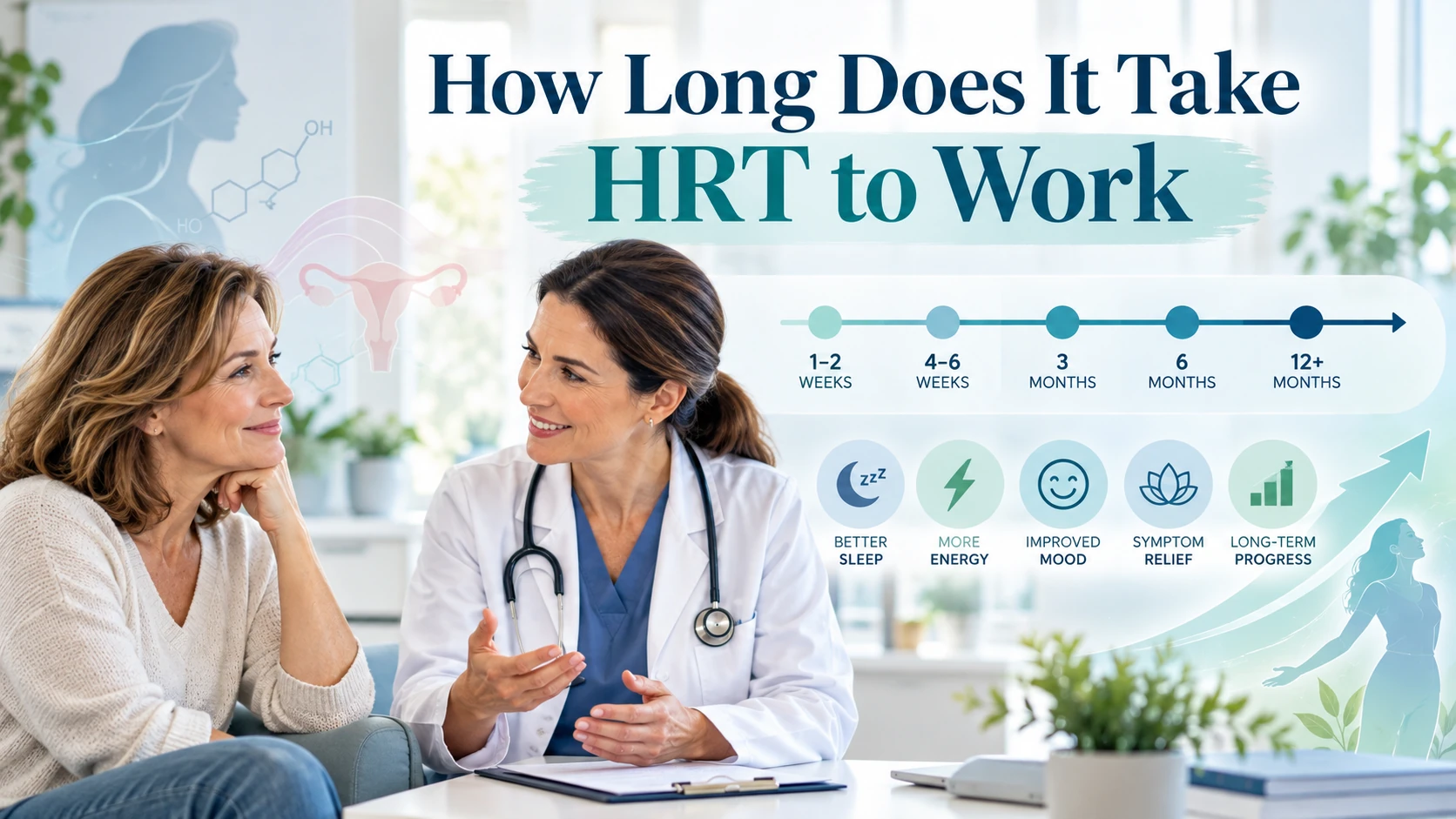 Middle-aged woman discussing hormone therapy with a doctor, alongside a timeline showing sleep, energy, mood, symptom relief, and longer-term progress, with text reading “How Long Does It Take HRT to Work?”